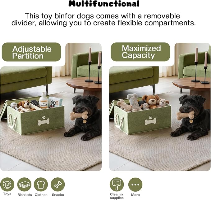 Dog Toy Basket with Double-Open Lid, Divided Dogs Basket for Toys, Collapsible Pet Toy Box, Dog Storage Organizer with 2 Divided Area, Puppy Toys Baskets with Rope Handles, Green