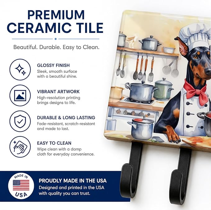 Caroline's Treasures Doberman Pinscher The Chef Leash or Key Holder Wall Hooks, Key Hooks Holder, Coat Rack Wall Mount, Coat Hooks, Hooks for Hanging Keys, Towels, Aprons, Leashes | Doberman Pinscher The Chef artwork on ceramic tile with three steel ho...