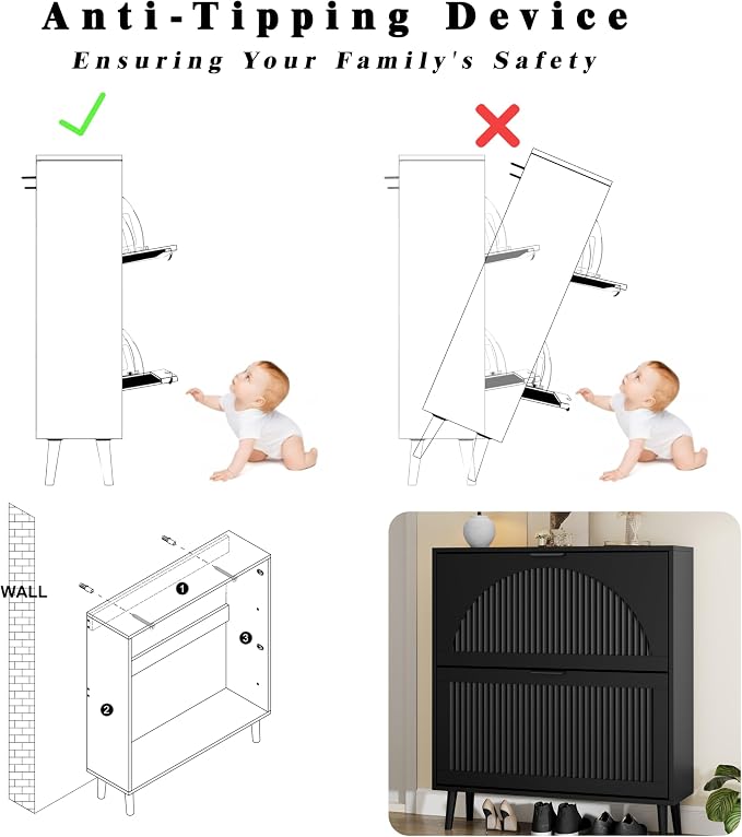 Shoe Storage Cabinet with 2 Flip Drawers, Narrow Wood Shoe Organizer Cabinet with Fluted Panel, Slim Shoe Rack for Entryway, Freestanding Shoe Cabinet for Living Room, Hallway, Black