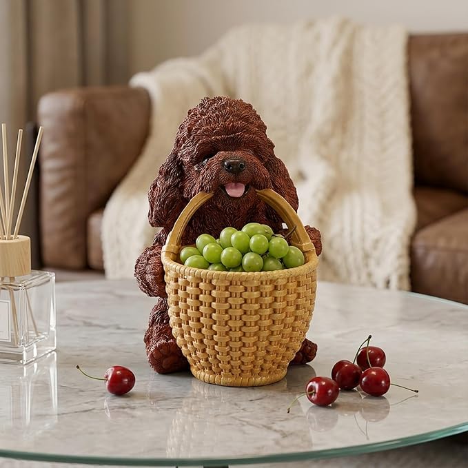 Chocolate Brown Teddy Poodle Candy Bowl, Resin Dog Figurine Key Bowl for Entryway Table, Desktop Storage Basket Organizer for Desk, Unique Dog Lover Gift