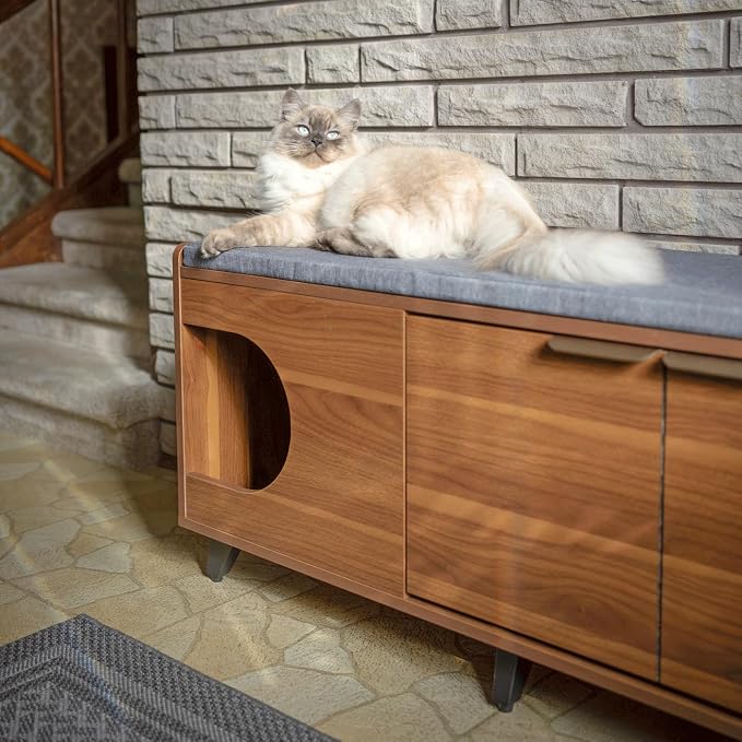 4 Cats & Dogs Tucker Shoe Cabinet – Multi-Functional Crate with Cushioned Bench Seat, Pet Nook & Hidden Cat Litter Box Storage, Modern Hallway Furniture 43” x 14” x 20”- Walnut