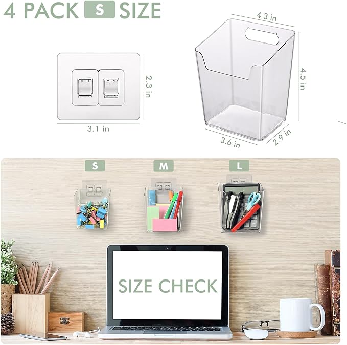Clear Adhesive Wall Storage Bins, 4 Pack Cabinet Door Organizer Cups(Small) | Clear PET Hanging Wall Mount Pockets, Plastic Caddy for Shower Bathroom Makeup Office Craft Kitchen Sink RV Organization