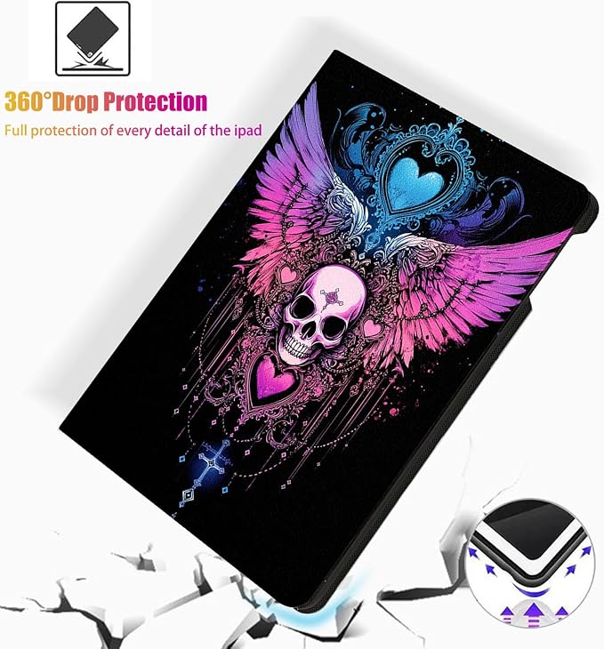 for Microsoft Surface Pro 7 Plus,Surface Pro 7/6/5/4 12.3" Tablet Case,Auto Wake/Sleep,Adjustable Stand Protective Cover - Skull Wings