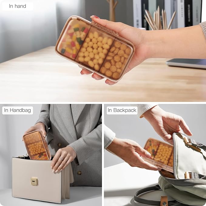 FYY Travel Pill Organizer, Large Weekly Medicine Pill Organizer-Brown | Airtight Moistureproof Medicine Case, Easy to Use, 8 Compartment Pill Box for Vitamins, Fish Oil, Supplements, Mini First Aid