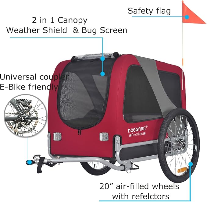 DOGGYHUT® Premium Large Pet Bike Trailer Up to 77 lbs (Red) | Bicycle Trailer for Small Medium or Large Dogs, Dog Bicycle Carrier, Low Center of Gravity, Folding Frame Cart
