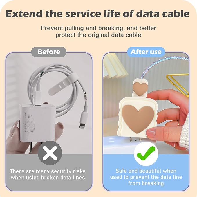 CameCosy DIY Cable Protector for iPhone Charger,Cute Protectors for Type-C Data Cable with 3D Print Love Heart Pattern Data Line Phone Wire Saver Protector for iPhone 11 12 13 14 Pro Max-Beige