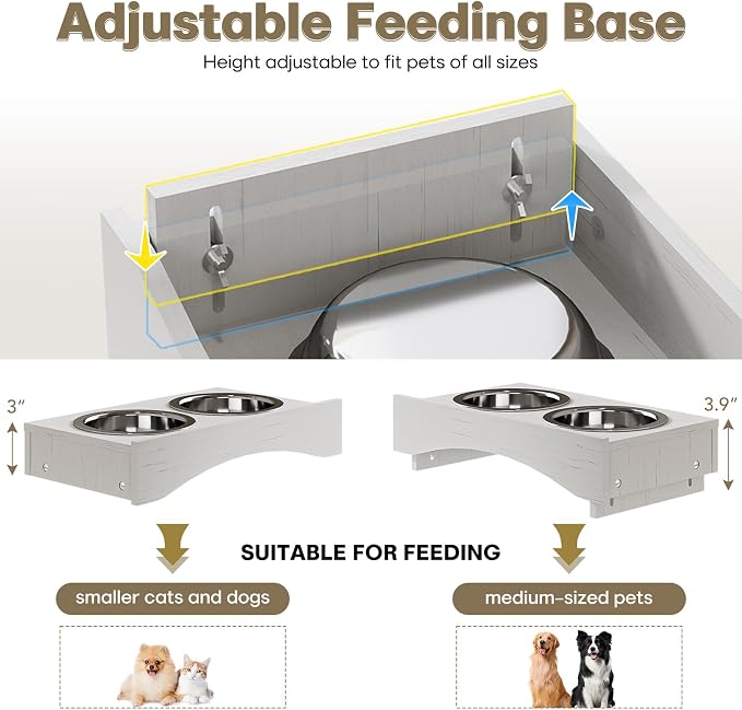 Flip-Top Dog Feeding Station, Dog Food Cabinet with Storage, Dog Food Station with Hidden Feeding Fowls, Pet Storage Cabinet, Pet Food Holder, White Oak Grain