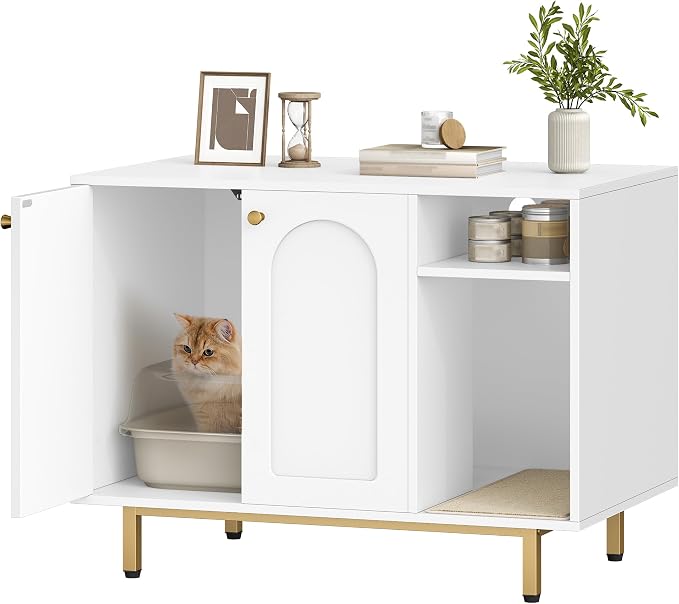 Hzuaneri Cat Litter Box Enclosure, Hidden Litter Box Furniture with Storage | Large Wooden Cabinet with Sisal Mat, Modern Cat Washroom for Living Room, Bedroom, Entryway, White and Gold 01503GCLB