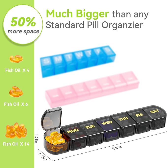 Large Pill Organizer Weekly - 7 Day Compartments with Easy-Open Design | SHIJOINYU XL Pill Box with High-Capacity, Daily Medicine Pill Organizer for Vitamins, Supplements, Fish Oils