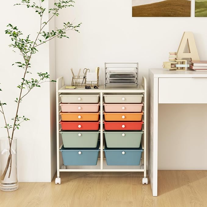 12 Drawer Rolling Storage Cart, Art Cart Organizer on Wheels, Mobile Utility Cart with Drawers, Multipurpose Craft Drawers for Home Office School Classroom (Macaron)
