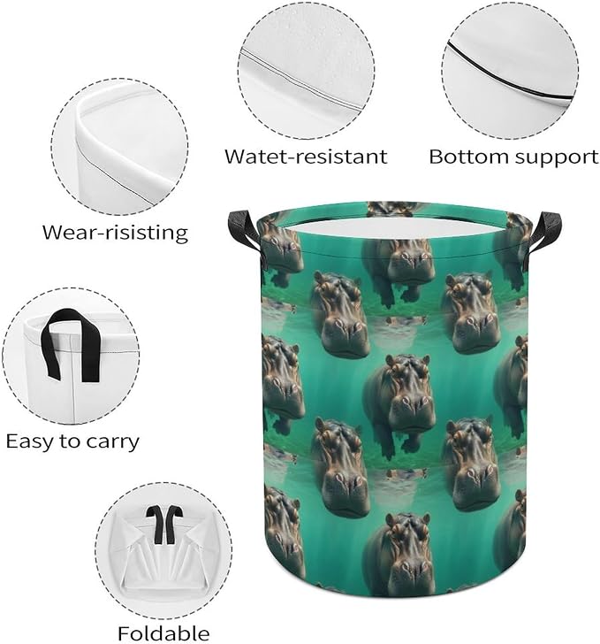 Collapsible Laundry Hamper with Handles Diving Hippo, Large Waterproof Clothes Basket for Bedroom, Bathroom, and Toy Storage Organization