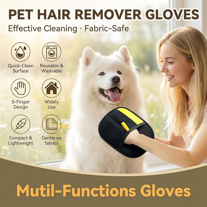 Electrostatic Pet Hair Removal Gloves for Cats & Dogs–Upgraded Reusable Magic Brush Tool for Quick Wiping on Couch,Carpet,Laundry,Car Seat & Pet Beds(3PC,Yellow)
