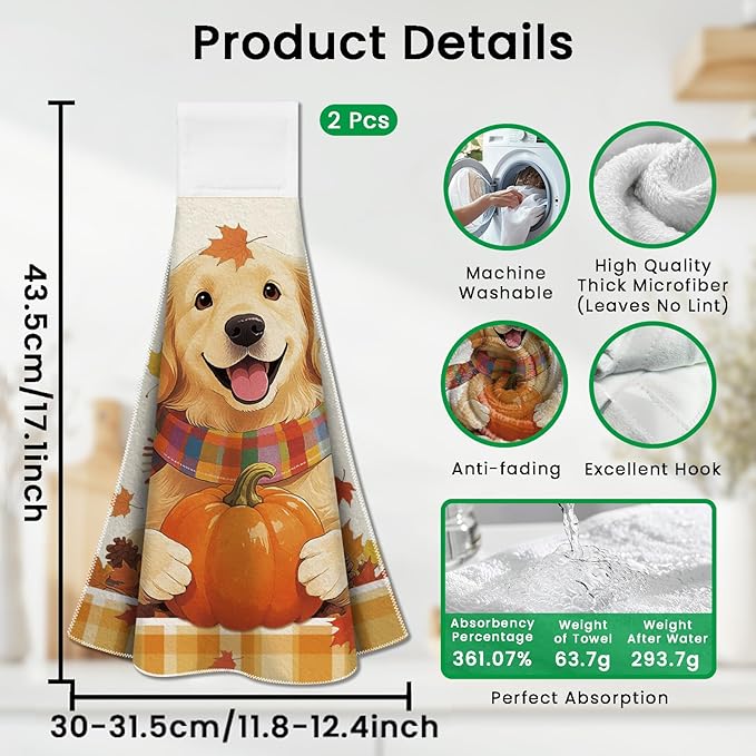 CUTHOLLOW Dog and Autumn Pumpkin Hanging Kitchen Towels with Loop, Set of 2 - Soft & Super Absorbent Microfiber Decorative Hanging Dish & Hand Towel, Tea, Coffee Towel for Kitchen Bathroom Oven Handle