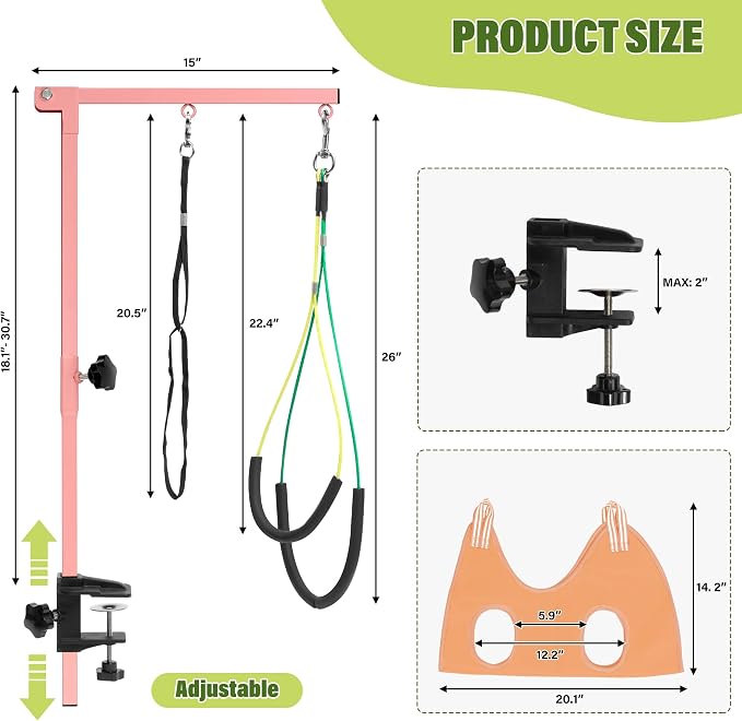 getlstub Dog Grooming Arm with Pet Grooming Hammock, 35" Pet Grooming Table Arm with Adjustable No Sit Haunch Holders, Dog Grooming Stand with Loop Noose for Small and Medium Pets, Pink