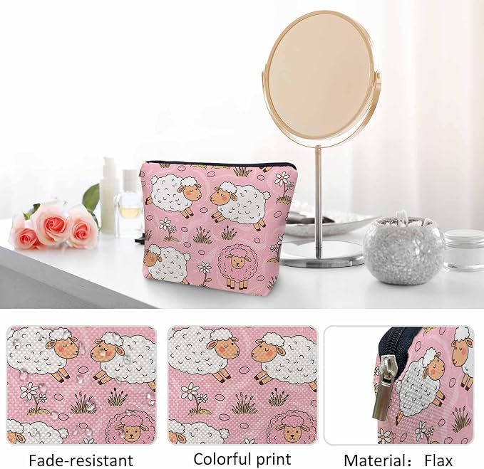 Makeup Bag For Purse Sheep, Farm Animal Weed Flower Sheep Cosmetic Bags For Women With Zipper Travel Toiletry Pouch Makeup Bags Makeup Organizers Purse For Toiletries Cosmetics