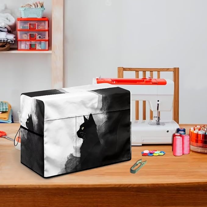Ink Painting Cat Patterned Sewing Machine Cover Fit Standard Sewing Machines, Features a Convenient Mesh Pocket for Accessories, Adds a Touch of Artistic Flair to Your Sewing Space