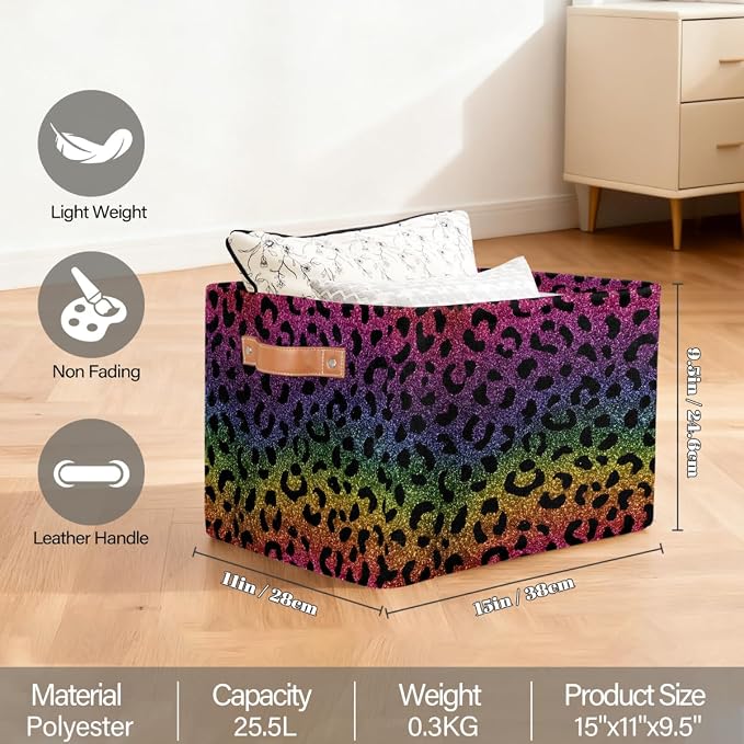 Pardick Storage Baskets Bin, Rainbow Leopard Print Collapsible Canvas Fabric Storage Bin Decorative Baskets Toy Organizer Rectangle Storage Boxes with handles for Home Shelves Nursery,1Pack,C-01