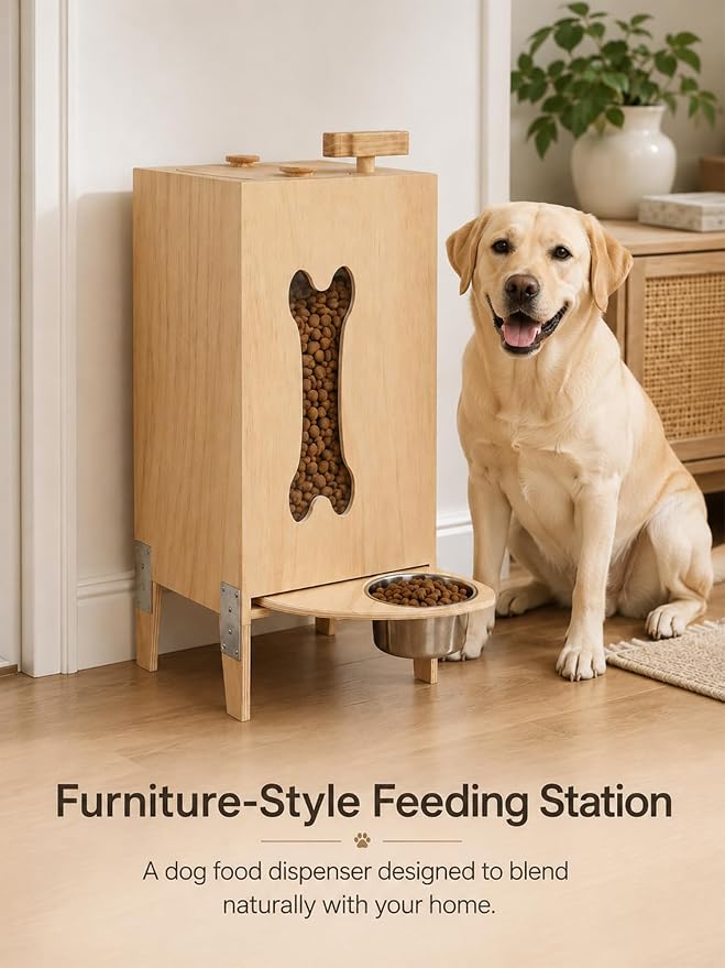 Wooden Dog Food Dispenser with Raised Bowl, Up to 30 lb Kibble Storage | Wooden Kibble Dispenser with Twist Knob. Furniture-Style Cabinet Stores Dry Food and Includes a Raised Steel Bowl.