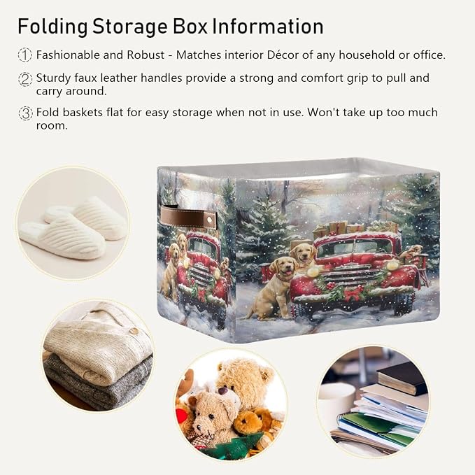 Christmas Truck Golden Retriever Storage Basket Fabric Kitchen Baskets Winter Car Dogs Xmas Tree Open Home Storage Bins Boxes Foldable Organizer Bag for Book Shelf Closet Baskets 16×12×8 Inches 2 Pack