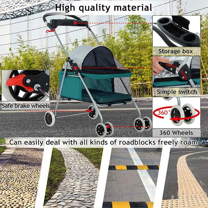 Dog Stroller Pet Stroller Cat Strollers Jogger Folding Travel Carrier Durable 4 Wheels Doggie Cage with Cup Holders 35Lbs Capacity Waterproof Puppy Strolling Cart for Small-Medium Dogs, Cats - Teal