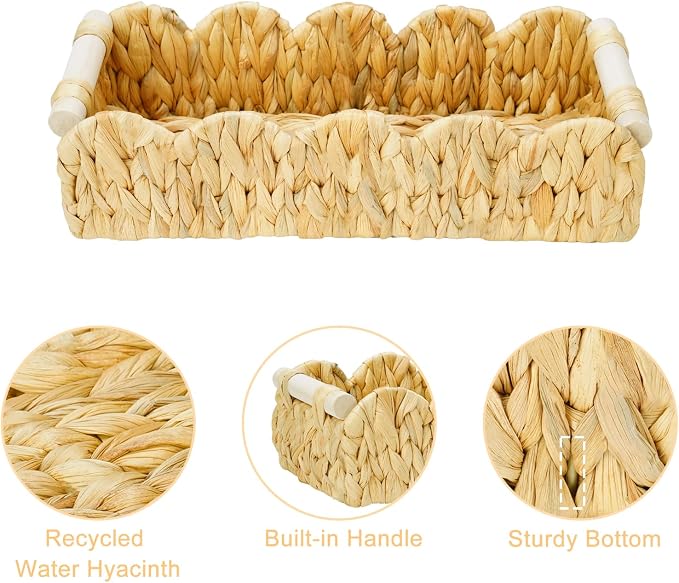Decorative Toilet Paper Storage Basket, Modern Farmhouse Home Decor Scalloped Basket for Organizing, Pantry Baskets for Shelves, Countertop, Living Room, Wood Handles, Natural Water Hyacinth (1Pack