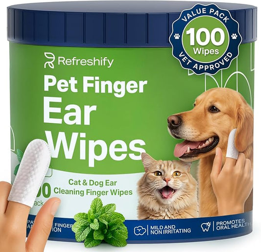 REFRESHIFY Dog Ear Wipes - 100 Value Pack - Mint Ear Wipes for Dogs, Vet Formulated Pet Ear Wipes for Dogs & Cats – Effective Dog Ear Cleaner for Itch Relief, Wax & Odor