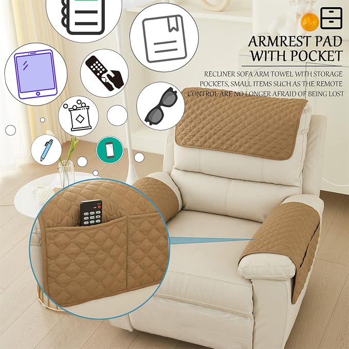 Water-Resistant Sofa Armrest and Headrest Covers, 2 Pockets | Quilted polyester helps shield recliners, loveseats and sofas from daily wear; silicone backing and fasteners improve grip