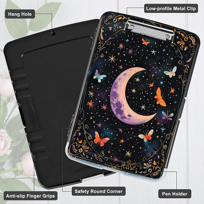 A4 Clipboard with Storage Pen Holder, Clipboards Organizer Nursing Clipboard Foldable File Folder Plastic Clipboard Folio Clip Board for Office Work Classroom Doctor, Butterfly Dark Moon