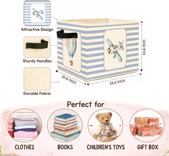 Airplane & Hot Air Balloon Storage Basket, Blue Stripe Foldable Toy Bin | Cute airplane and hot air balloon design with blue stripes; foldable fabric bin for toys, books, clothes, nursery.