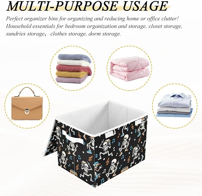 Dance Skeleton Storage Bins with Lids Closet Bedroom 40L Fabric Bin | Decorative Storage Boxes, Foldable & Stackable, Dust-Proof Flip Top, Reinforced Handles, For Home & Dorm, Clothes & Toy Box