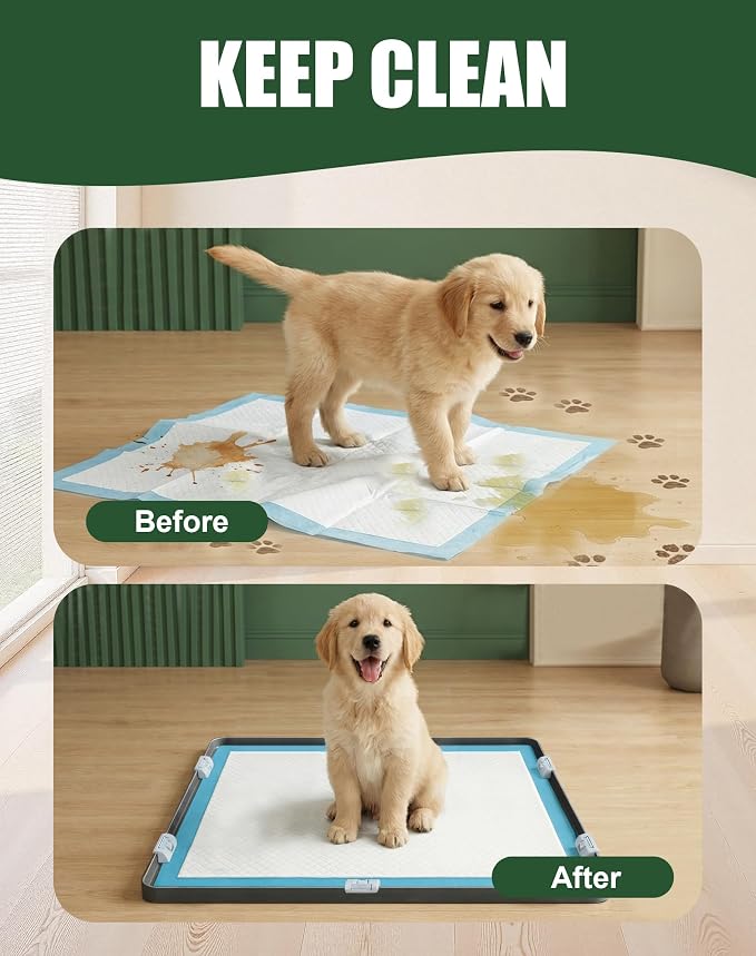 Dog Pee Pad Holder with 6 Clips, 27x27 Inch Silicone Puppy Pad Tray, Raised Edge Leak-Proof No Spill Mat for Dog Training Pads, Non-Slip Potty Holder for Indoor Floor Protection, Black