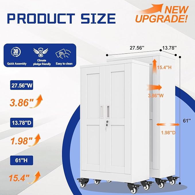 GAIOUS Metal Garage Storage Cabinet with Lock, 61” Tall Lockable File Cabinet with Wheels, Steel Tool Cabinet with 2 Door and 3 Adjustable Shelves, Rolling Cabinet for Home Office Garage Gym - White