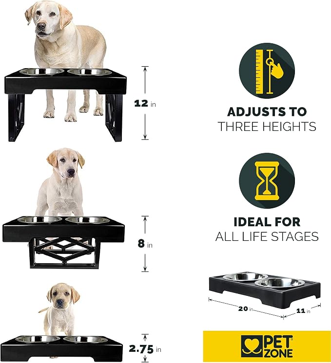 Pet Zone Designer Diner Elevated Dog Bowl Stand, 3 Adjustable Height Levels | 3 Height Adjustable, Includes 2 Stainless Steel Bowls with 7 Cup Capacity Each