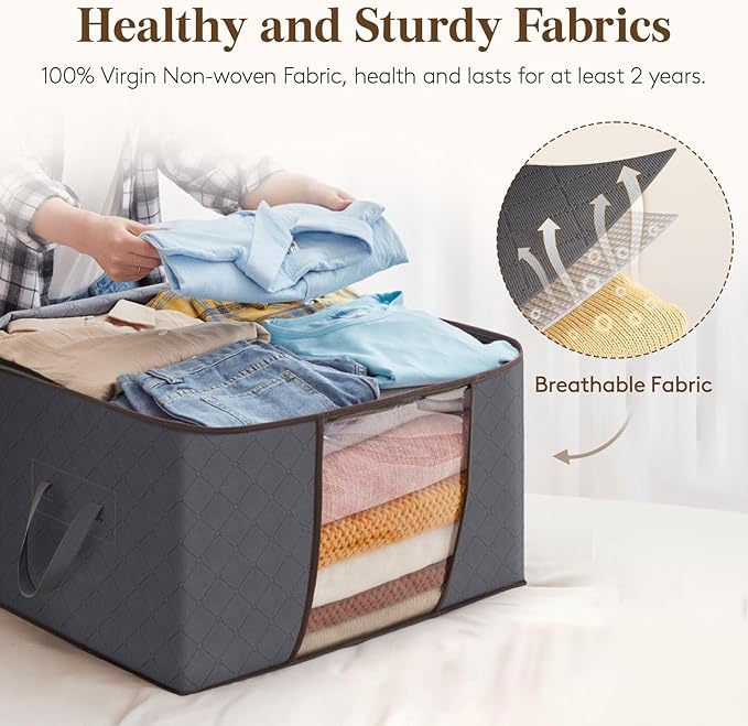 Lifewit 10 Pack 60L Clothes Storage Bins with Lids, Foldable Blanket Storage Bags with Zippers, Clear Window and Reinforced Handles, Closet and Organization for Clothing, Sweater, Comforter, Bedding