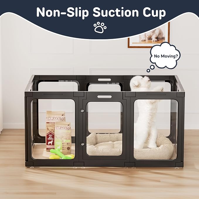 Jalove 24“ H Acrylic Dog Playpen Indoor, Relieves Pet Anxiety | Ideal for Small Dogs,Plastic Pet Playpen with Door, Clear Pet Play Pen for Puppy Rabbit, Easy Assemble Dog Pen, Black 10 PCS