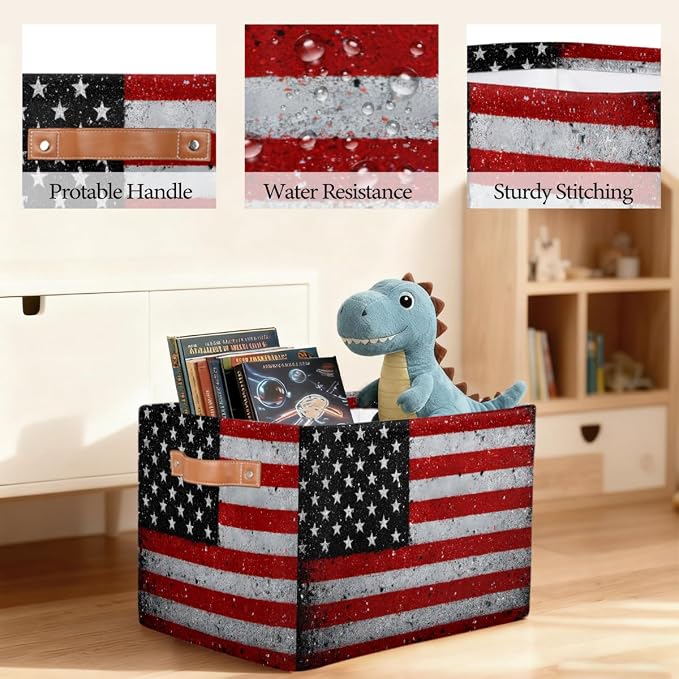 Pardick Storage Baskets Bin, Vintage American Flag Collapsible Canvas Fabric Storage Bin Decorative Baskets Toy Organizer Rectangle Storage Boxes with handles for Home Shelves Nursery,1Pack,C-03