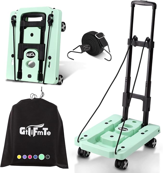 GtIiFmTe Foldable Hand Truck, Lightweight Luggage Cart for Airport Car Seat | Compact Folding dolly with Rotating swivel wheel,storage size12×15.7×4.1",300lbs Load,Upright Lock Handle with 3bungee cords