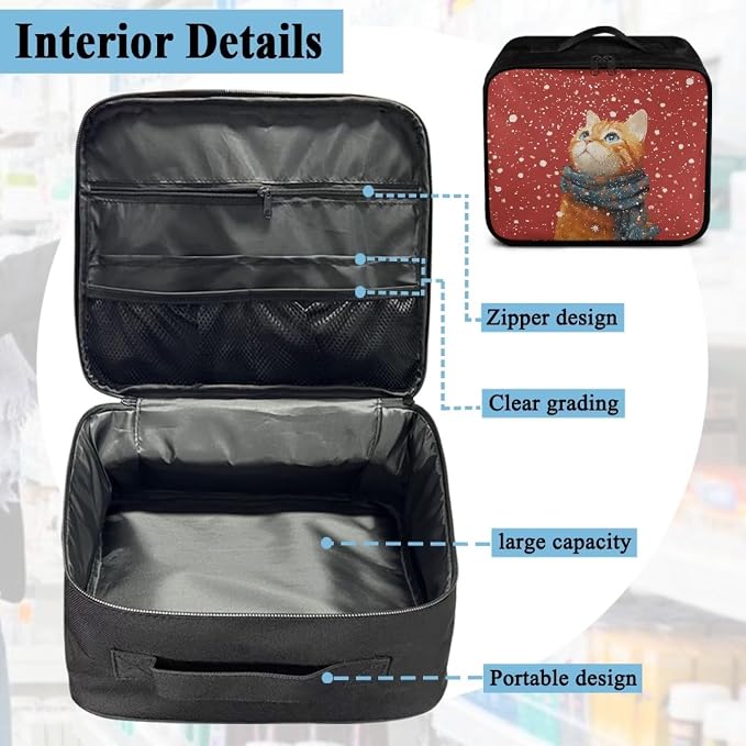 Empty First Aid Bag Red Winter Cat Medical Bag Empty Large Capacity for Home Office and Travel Use Lightweight Washable Soft Fabric Organizational Pouch