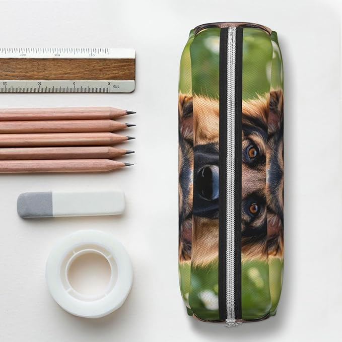 PU Leather Pencil Case Cosmetic Pencil Bags Makeup Pouch with Zipper | Cute Pet German Shepherd Dog Pen Pouch Portable Cosmetic Organizer Bag For Office Woman Man