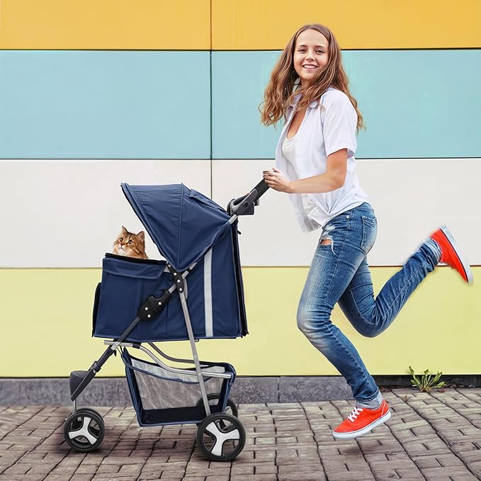MoNiBloom Pet Stroller for Small/Medium Dogs and Cats up to 33 lbs, Blue | Foldable Dog Stroller 3 Wheels Pet Strolling Cart w/ Storage Basket Cup Holder, Breathable and Visible Mesh for All-Season