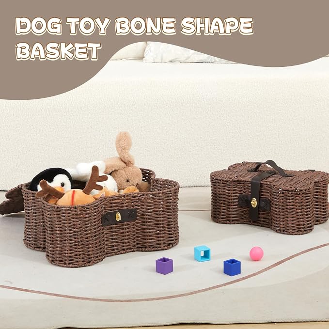 Barydat 2 Set Large Small Dog Toy Basket with Lid Bone Shaped Basket for Dog Natural Wicker Woven Handmade Pet Puppy Toy Organizer and Storage Box Bin for Cats(Wicker,Dark Brown)