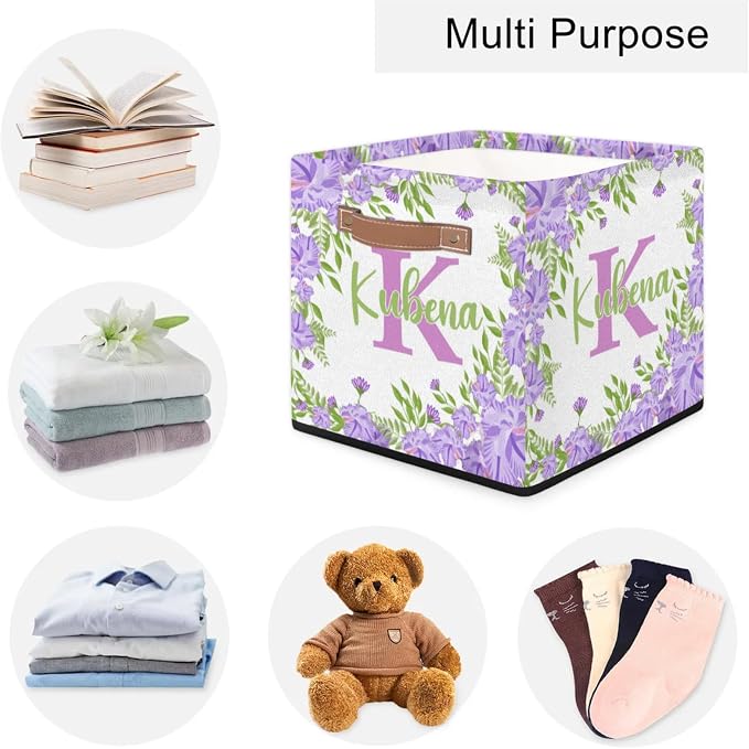 Personalized Initial-Name Purple Flower Storage Baskets for Girls Women, Custom Portable Square Storage Bins with Handles Foldable Organizer for Clothes, Toys, Blanket, Towel,Pet 13”