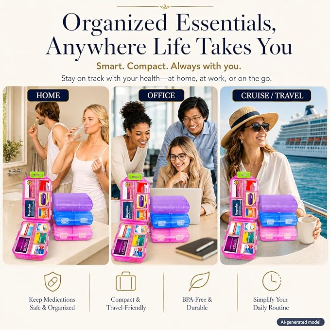 3 Pack Large Pill Organizers with Medicine Labels, Pink Blue Purple | Set of 3 large pill cases with 3x161 medicine labels for 7-day planning, family use, travel, and separate routines