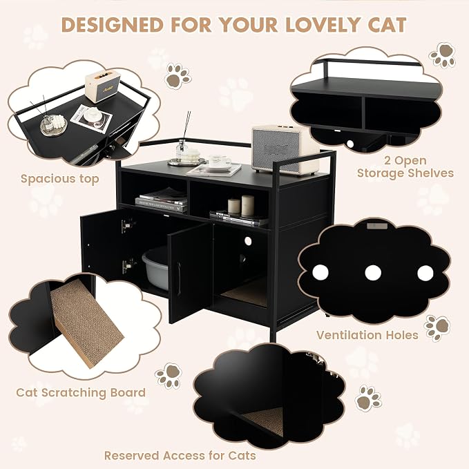 GIANTEX Cat Litter Box Enclosure, Hidden Cat Cabinet Furniture, Dog-Proof | Scratch Pad, Front Entry, Double Doors, 2-Compartment Storage, Wooden Pet House Washroom End Side Table for Living Room