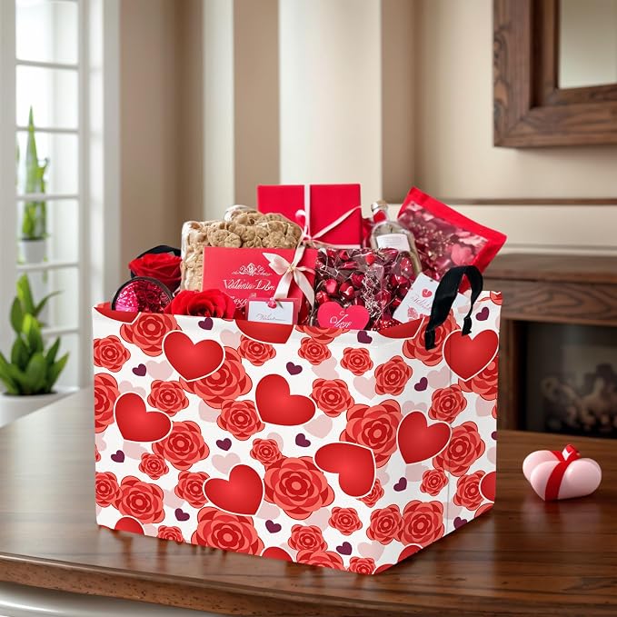 Valentine's Day Basket for Gifts Empty Cute Heart Large Gift Basket Decorative Storage Bin for Kid and Baby Room Décor (Red Love Rose)