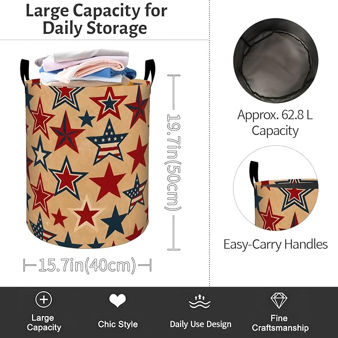 Patriotic Star Laundry Basket, Vintage Stars Foldable Oxford Cloth, Waterproof Dirty Clothes Hamper with Handles, Clothing Storage Bin Toy Organizer for Bedroom Dorm Bathroom, 19.7"x15.7"