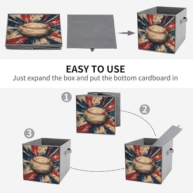 Baseball Vintage Grunge Art Storage Bin with Handles, Oxford Fabric Foldable Storage Cube Organizer for Clothes, Towels, Bedroom, Living Room, Home Organization