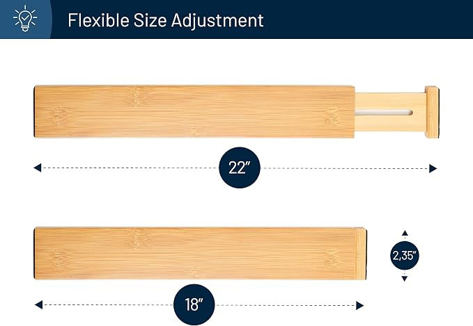 RoyalHouse Adjustable Bamboo Drawer Dividers Organizers, Expandable Drawer Separators for your Kitchen, Bedroom, Bathroom, Dresser, Office, and More (8 pieces)
