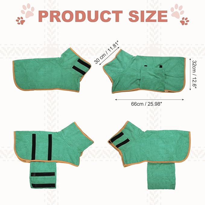 Dog Drying Coat, Dog Robes for After Bath Bathrobe Super Absorbent Towel Soft Adjustable, (M, Dark Green), Intended for Fast Drying Warm Keeping Pet Cats Kitten Puppies