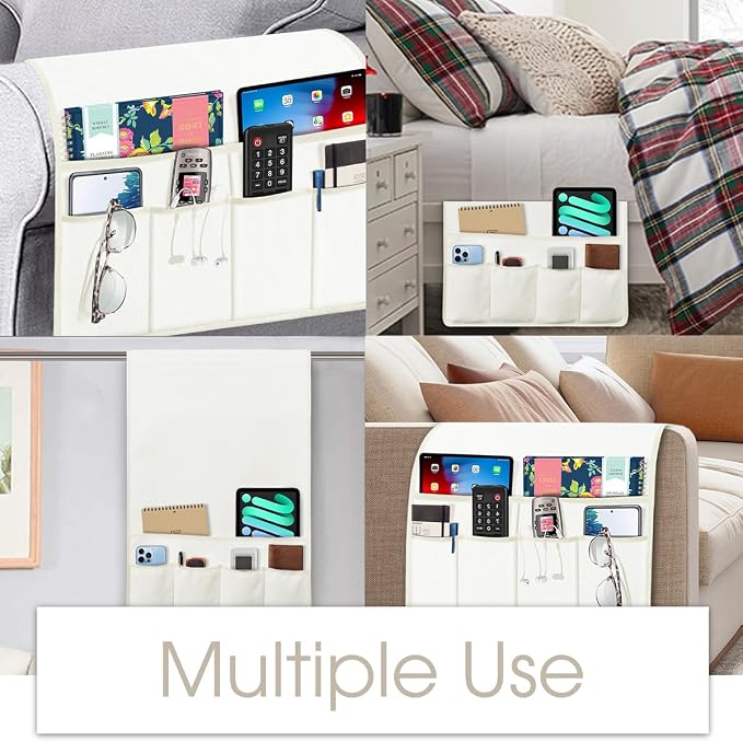 Joywell Remote Control Holder for Recliner Armchair Couch Caddy Sofa Armrest Organizer Non Slip Sofa Arm Chair Caddie with 6 Pocket Storage for Magazine, Tablet, Phone, iPad, White